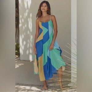 Colorblock Spaghetti-Strap Midi Dress - Blue/Green/Yellow
